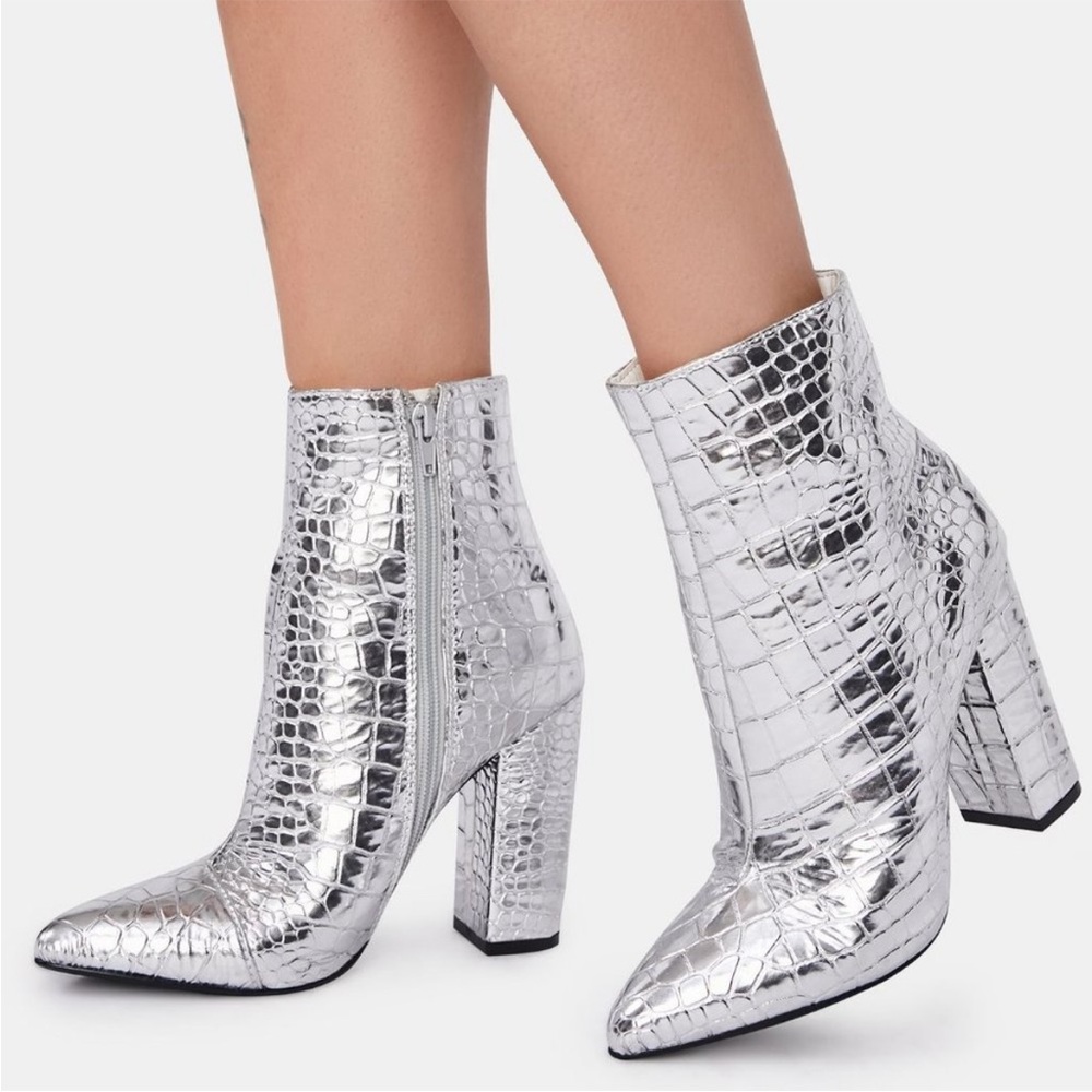 Metallic Silver Croc Ankle Boots